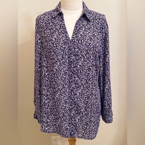 Massini Black Purple White Print Collar Button Down Business Career Top Size L